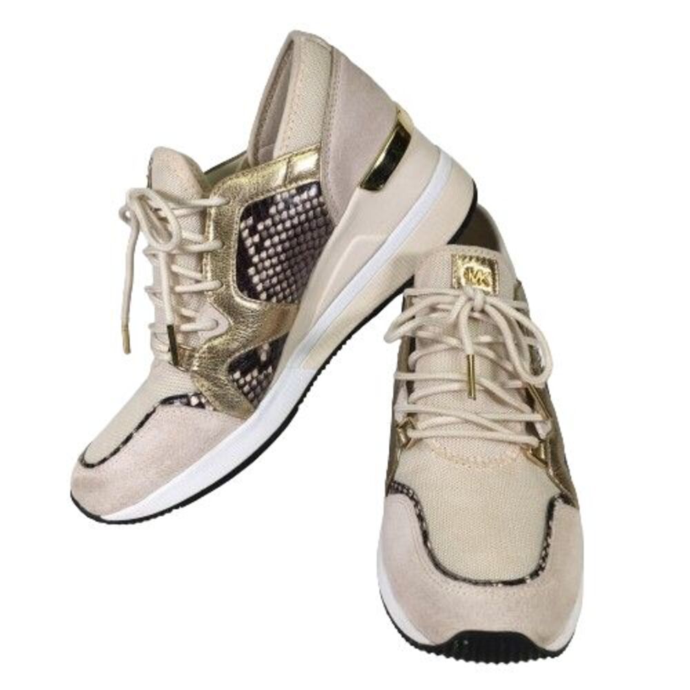 Michael Kors Liv Logo Trainer Extreme Wedge Ivory Brown Gold Womens Shoes Sz 8.5 - Picture 13 of 14